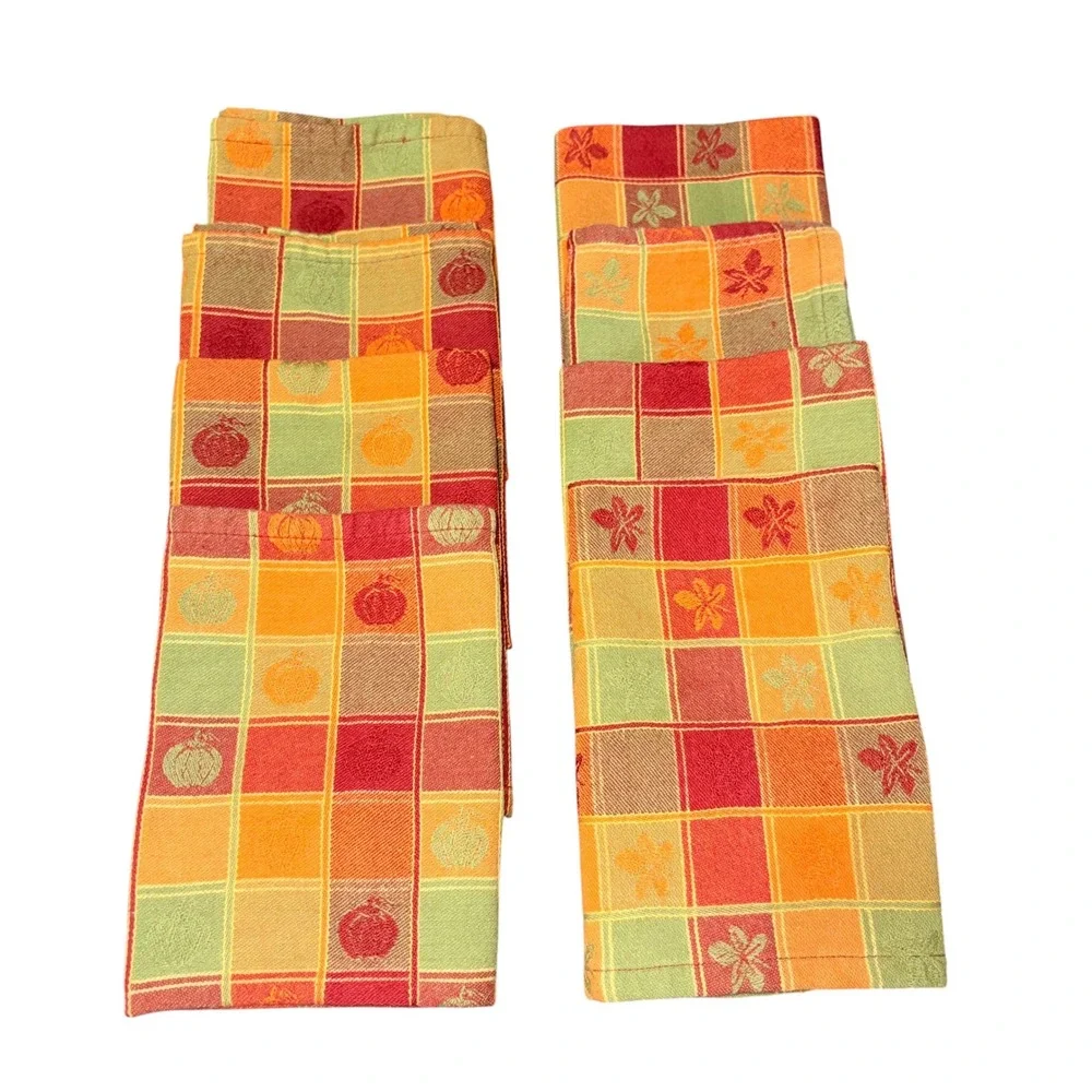 8 Vtg Fall Harvest Plaid Cloth Napkins Pumpkin Leaf Orange Red Green Square